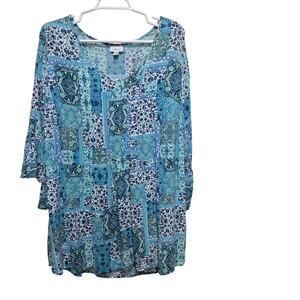 Avenue Boho Patchwork Bell Sleeve Tunic Top Blue Print Size 20